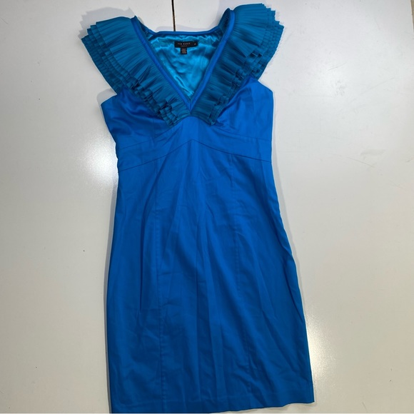 Ted Baker London Vibrant Blue V-Neck Ruffle Neck/Sleeves Cotton Cocktail Dress M - Picture 4 of 16